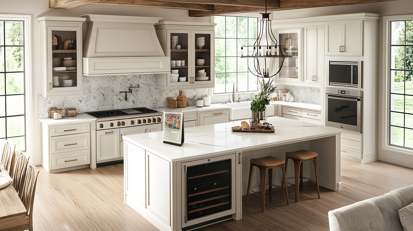 This spacious kitchen features white cabinetry, a large island with seating, stainless steel appliances, and a farmhouse sink. The 52-Week Self-Improvement and Character Development Flip Book book is open on the island, adding a touch of inspiration to the space.