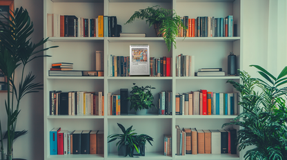 A white bookshelf filled with books and potted plants. The 52-Week Self-Improvement and Character Development Flip Book stands open on one of the shelves, showcasing its design and how it complements a home or office setting.