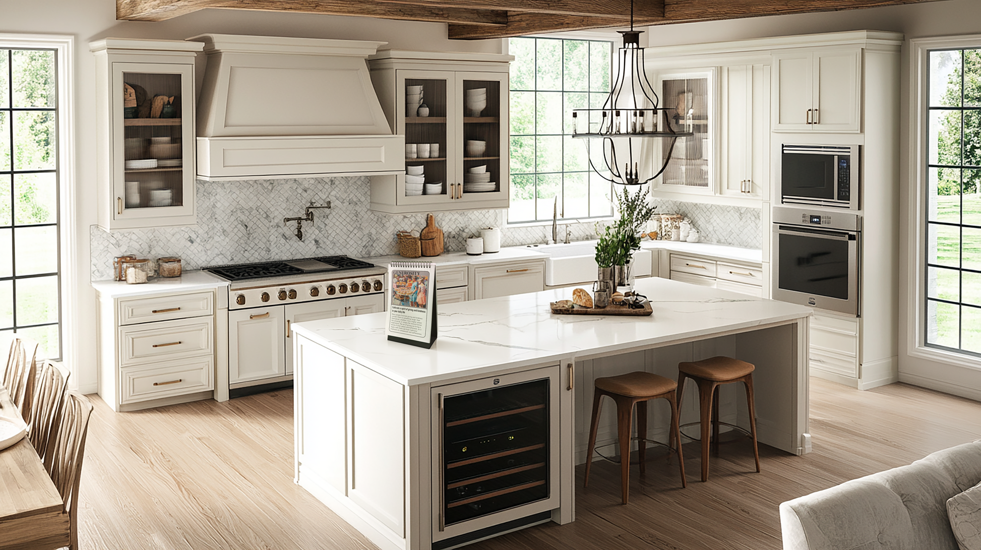 This spacious kitchen features white cabinetry, a large island with seating, stainless steel appliances, and a farmhouse sink. The 52-Week Self-Improvement and Character Development Flip Book book is open on the island, adding a touch of inspiration to the space.