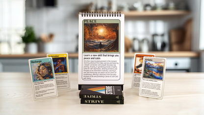 Discover ways to find peace and calm with the 52-Week Self-Improvement and Character Development Flip Book. This image shows a page with a tranquil picture and encourages activities like mindfulness and creative expression.
