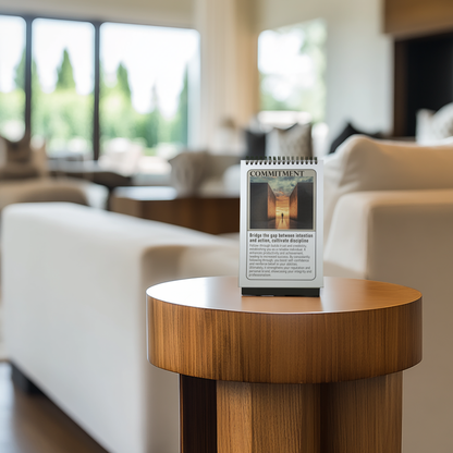 In a modern living room setting, the STRIVE flip book rests open on a round wooden table. The page displayed features the theme "Commitment" with a motivational message and artwork.