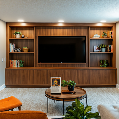 This image showcases a living room with a dark wood entertainment center that includes open shelves with books and decor, cabinets for storage, and a large television. In the foreground, a round coffee table holds the52-Week Self-Improvement and Character Development Flip Book, a potted plant, and a decorative tray.