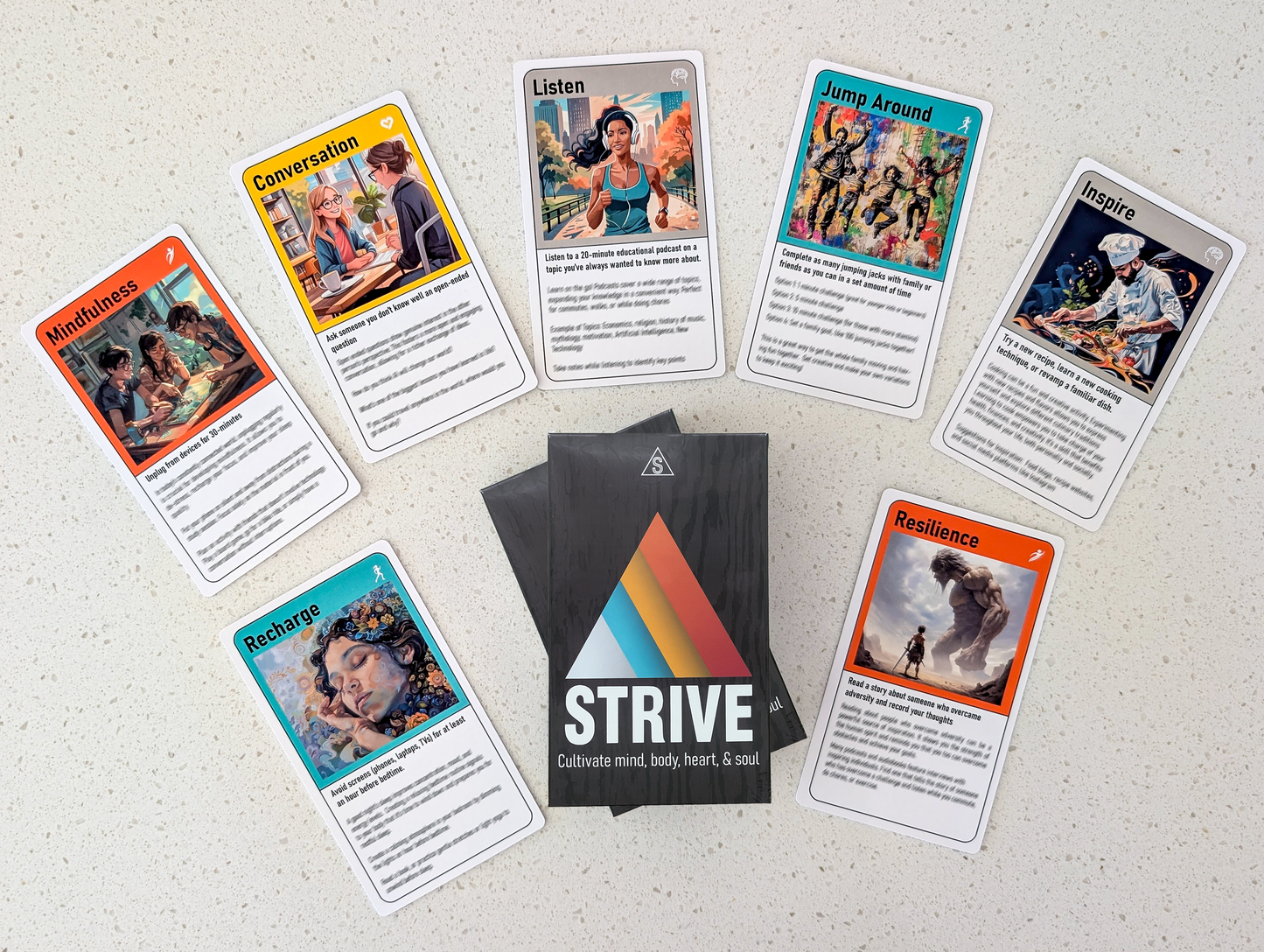 A flat lay image displaying the STRIVE activity cards for personal growth. Seven cards are spread out, each featuring unique artwork and titles like "Jump Around," "Listen," and "Conversation." The deck's packaging with the STRIVE logo and tagline "Cultivate mind, body, & soul" is positioned in the center.