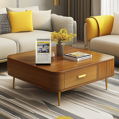 In a modern living room, the 52-Week Self-Improvement and Character Development Flip Book is open on a wooden coffee table, showcasing a page with the theme "Clarity" and a serene illustration. The table also holds a vase of flowers and a book.